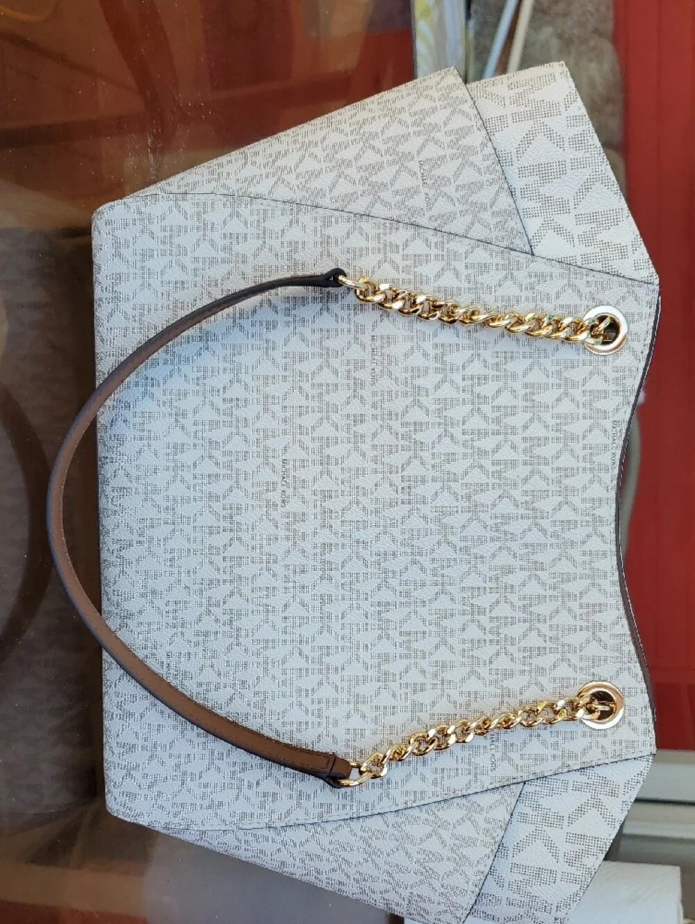 Michael Kors Beige Signature Chain-Accent Tote
